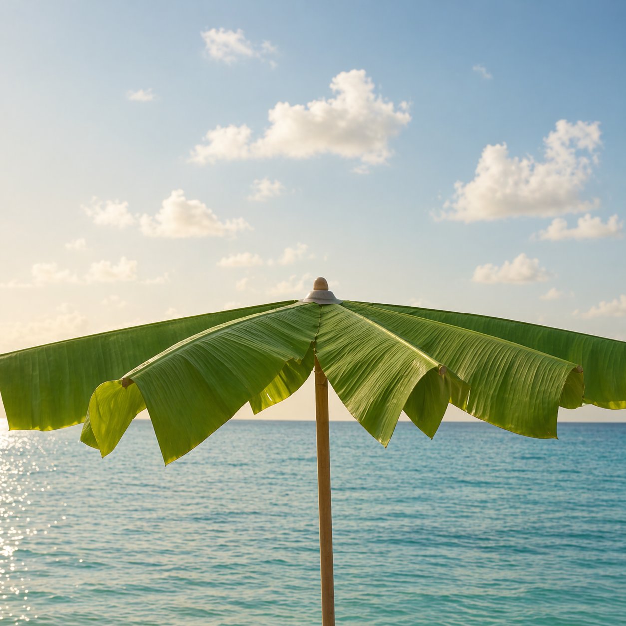 A banana-leaf beach umbrella over a calm turquoise sea